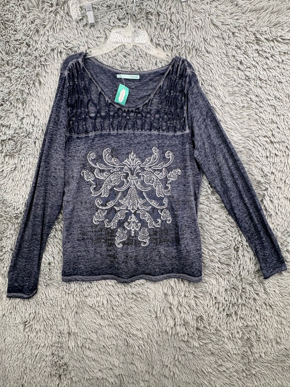 Maurices Shirt Womens Large NWT Woven Lattice Blue Burnwashed Baroque Graphic - Picture 1 of 10